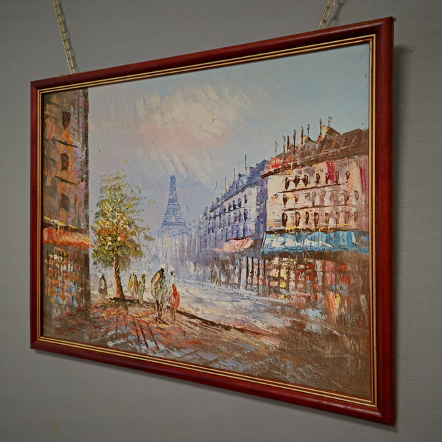 Vintage Eiffel Tower Oil Painting, Parisian Street Scene, 1970s French Impressionism