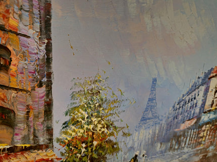 Vintage Eiffel Tower Oil Painting, Parisian Street Scene, 1970s French Impressionism