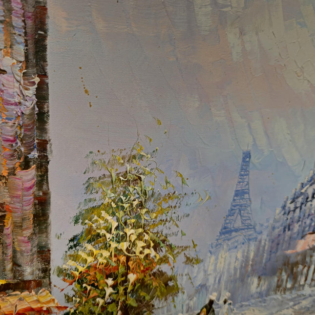 Vintage Eiffel Tower Oil Painting, Parisian Street Scene, 1970s French Impressionism