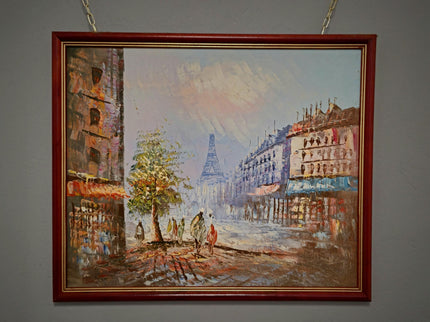 Vintage Eiffel Tower Oil Painting, Parisian Street Scene, 1970s French Impressionism