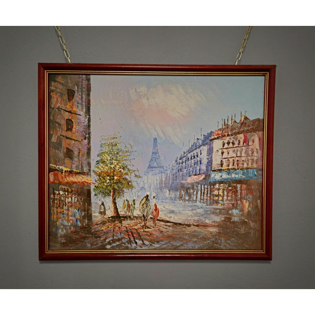 Vintage Eiffel Tower Oil Painting, Parisian Street Scene, 1970s French Impressionism