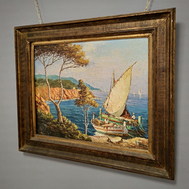 Antique French Coastal Oil Painting, Riviera Seascape Marine Art, Signed Mediterranean Sailing Scene, Nautical Wall Decor, Unique Gift