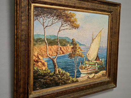 Antique French Coastal Oil Painting, Riviera Seascape Marine Art, Signed Mediterranean Sailing Scene, Nautical Wall Decor, Unique Gift