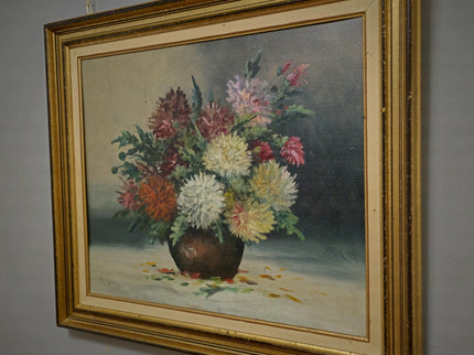 Vintage French Floral Oil Painting, Framed Chrysanthemum Art
