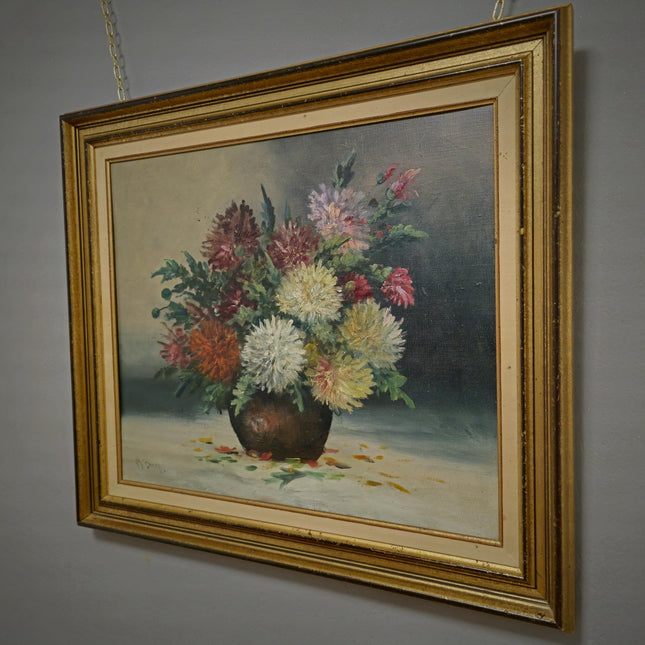 Vintage French Floral Oil Painting, Framed Chrysanthemum Art