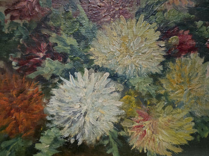 Vintage French Floral Oil Painting, Framed Chrysanthemum Art