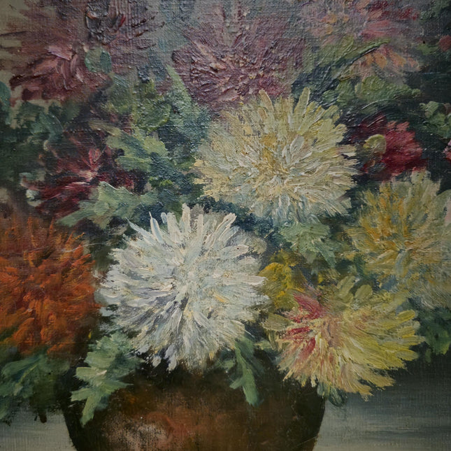 Vintage French Floral Oil Painting, Framed Chrysanthemum Art