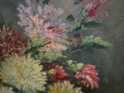 Vintage French Floral Oil Painting, Framed Chrysanthemum Art