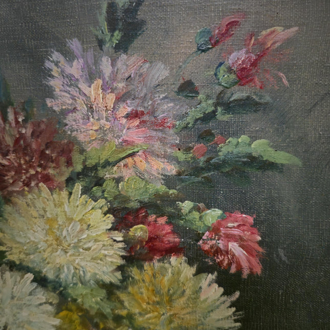 Vintage French Floral Oil Painting, Framed Chrysanthemum Art