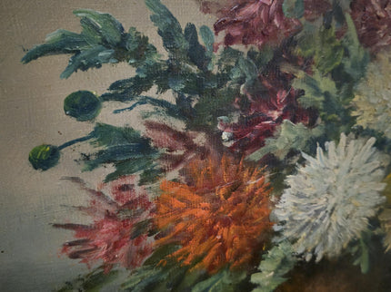 Vintage French Floral Oil Painting, Framed Chrysanthemum Art