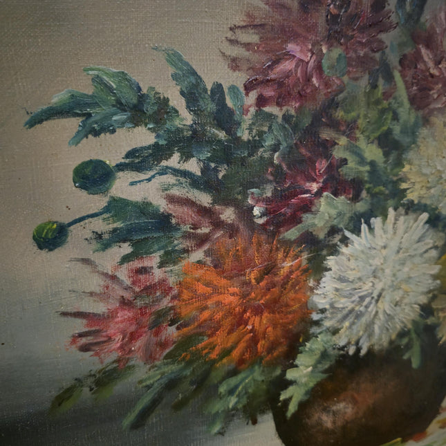 Vintage French Floral Oil Painting, Framed Chrysanthemum Art