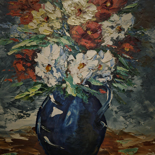 Vintage French Floral Oil Painting, Signed Still Life Blue Vase Bouquet, Original Cottagecore Wall Art, Elegant Home Decor Gift