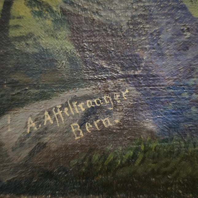 Antique Mountain Lake Oil Painting, Swiss Alpine Landscape, Signed