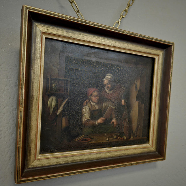 Antique Dutch Moody Oil Painting, 19th Century Artwork, Dark Gallant Scene, Rustic Interior Decor, Collectible Wall Art, Unique Gift Idea