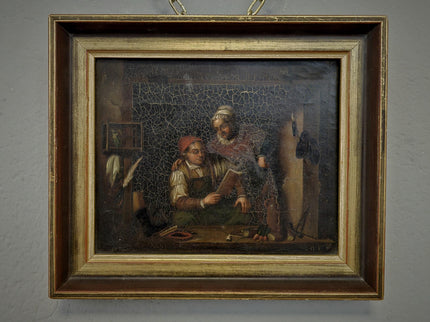 Antique Dutch Moody Oil Painting, 19th Century Artwork, Dark Gallant Scene, Rustic Interior Decor, Collectible Wall Art, Unique Gift Idea