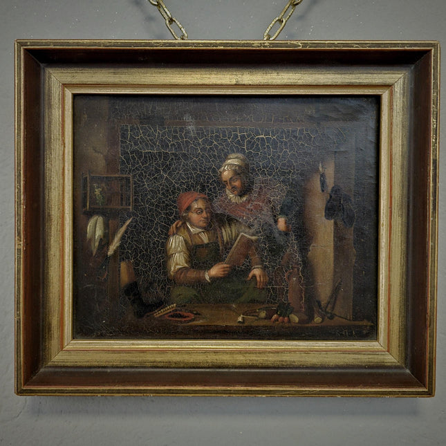 Antique Dutch Moody Oil Painting, 19th Century Artwork, Dark Gallant Scene, Rustic Interior Decor, Collectible Wall Art, Unique Gift Idea
