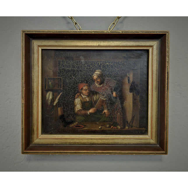 Antique Dutch Moody Oil Painting, 19th Century Artwork, Dark Gallant Scene, Rustic Interior Decor, Collectible Wall Art, Unique Gift Idea