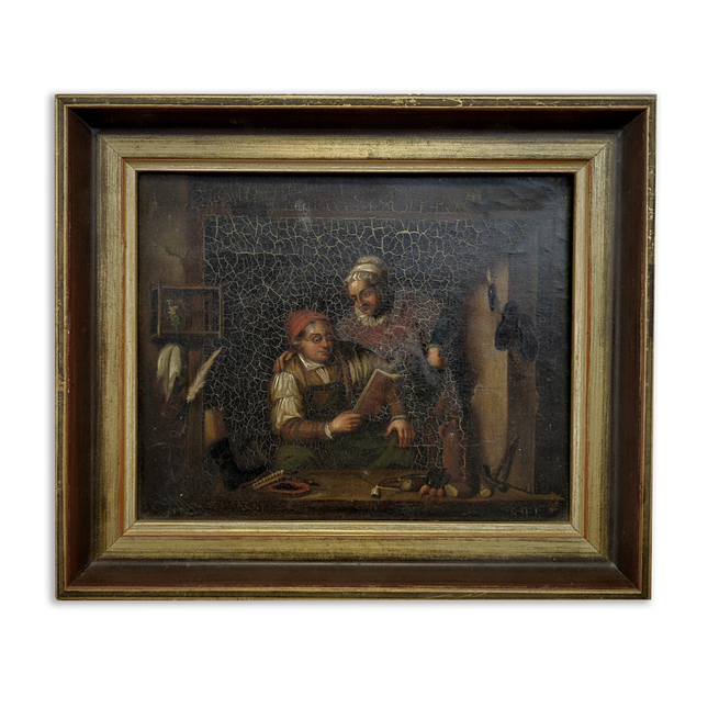 Antique Dutch Moody Oil Painting, 19th Century Artwork, Dark Gallant Scene, Rustic Interior Decor, Collectible Wall Art, Unique Gift Idea