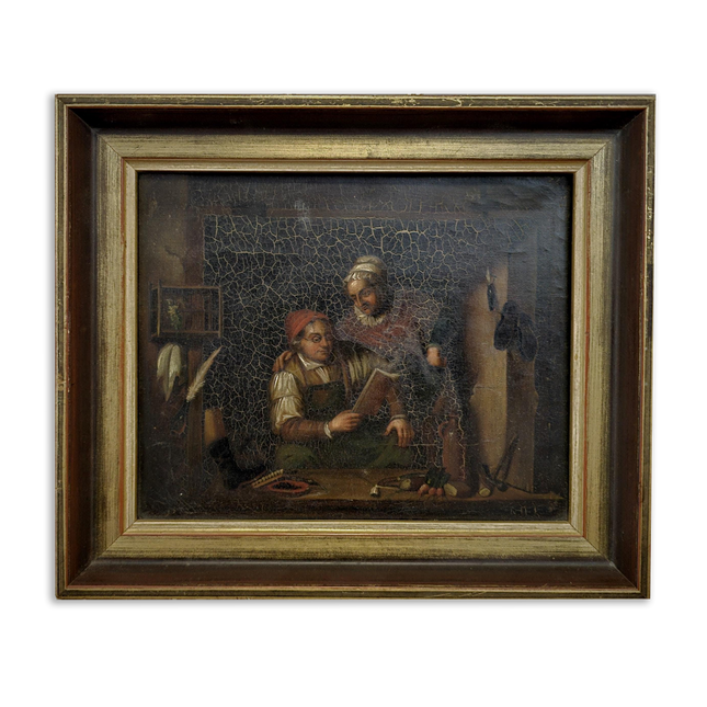 Antique Dutch Moody Oil Painting, 19th Century Artwork, Dark Gallant Scene, Rustic Interior Decor, Collectible Wall Art, Unique Gift Idea