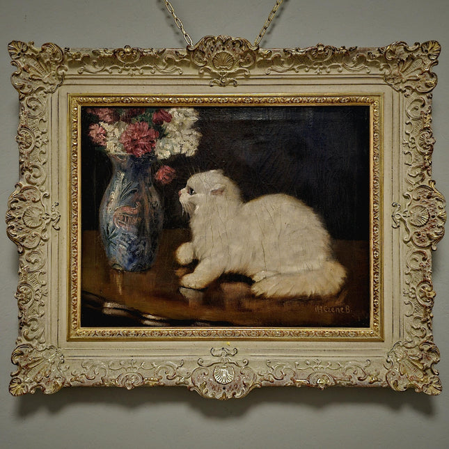 Vintage Large Oil Painting, Artwork with Persian Cat and Floral Still Life, Luxurious Frame, Vintage Wall Art for Elegant Interior Decor