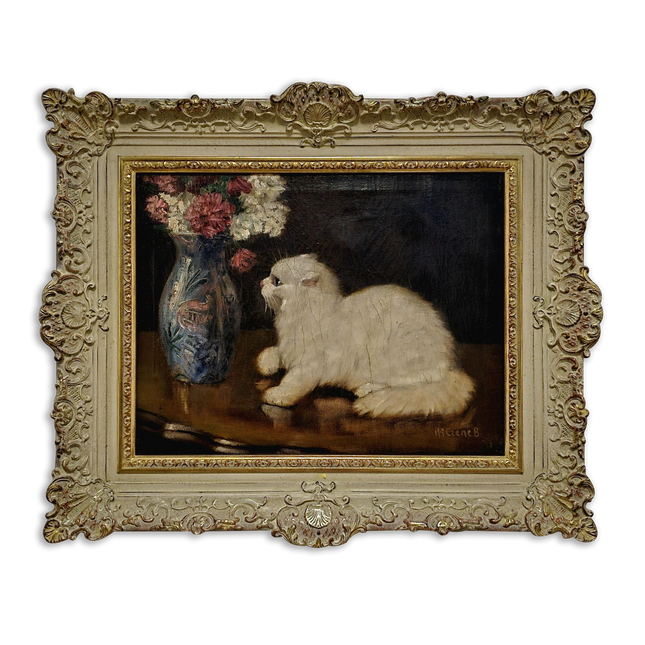 Vintage Large Oil Painting, Artwork with Persian Cat and Floral Still Life, Luxurious Frame, Vintage Wall Art for Elegant Interior Decor