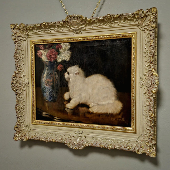 Vintage Large Oil Painting, Artwork with Persian Cat and Floral Still Life, Luxurious Frame, Vintage Wall Art for Elegant Interior Decor