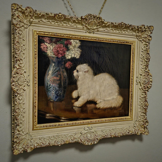 Vintage Large Oil Painting, Artwork with Persian Cat and Floral Still Life, Luxurious Frame, Vintage Wall Art for Elegant Interior Decor