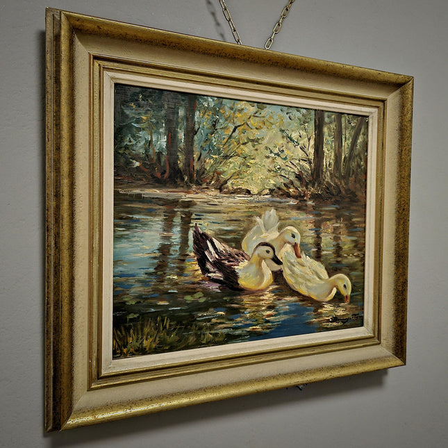 Antique Animal Oil Painting, Ducks on Lake, Swiss Landscape Rustic Wall Art, Signed Original Artwork, Vintage Home Decor, Unique Gift Idea
