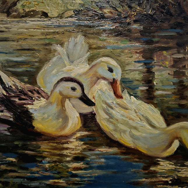 Antique Animal Oil Painting, Ducks on Lake, Swiss Landscape Rustic Wall Art, Signed Original Artwork, Vintage Home Decor, Unique Gift Idea