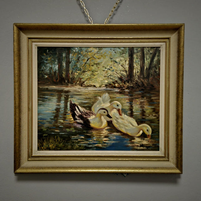 Antique Animal Oil Painting, Ducks on Lake, Swiss Landscape Rustic Wall Art, Signed Original Artwork, Vintage Home Decor, Unique Gift Idea