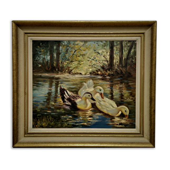 Antique Animal Oil Painting, Ducks on Lake, Swiss Landscape Rustic Wall Art, Signed Original Artwork, Vintage Home Decor, Unique Gift Idea