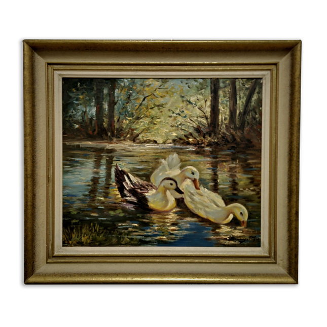 Antique Animal Oil Painting, Ducks on Lake, Swiss Landscape Rustic Wall Art, Signed Original Artwork, Vintage Home Decor, Unique Gift Idea