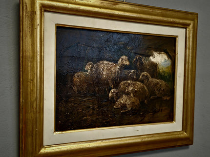 Antique Italian Dark Animal Oil Painting, Moody Farm Scene, European Rustic Wall Art Signed Post-Romantic Artwork on Wood Vintage Gold Frame