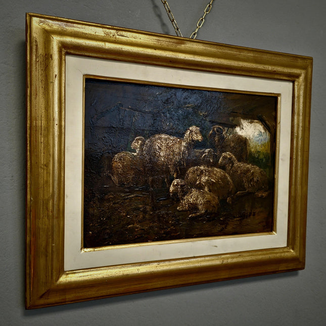Antique Italian Dark Animal Oil Painting, Moody Farm Scene, European Rustic Wall Art Signed Post-Romantic Artwork on Wood Vintage Gold Frame