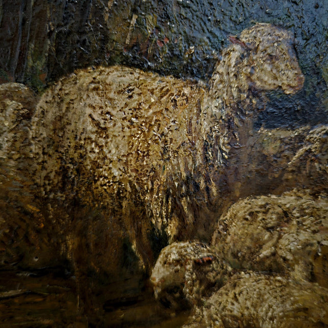 Antique Italian Dark Animal Oil Painting, Moody Farm Scene, European Rustic Wall Art Signed Post-Romantic Artwork on Wood Vintage Gold Frame