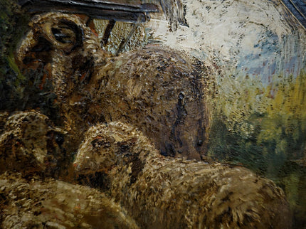 Antique Italian Dark Animal Oil Painting, Moody Farm Scene, European Rustic Wall Art Signed Post-Romantic Artwork on Wood Vintage Gold Frame