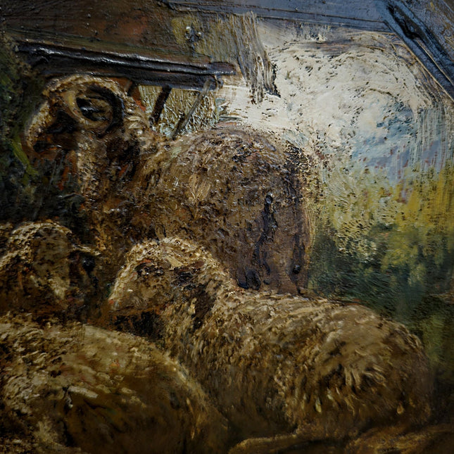 Antique Italian Dark Animal Oil Painting, Moody Farm Scene, European Rustic Wall Art Signed Post-Romantic Artwork on Wood Vintage Gold Frame