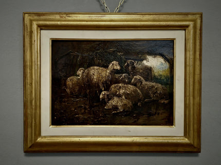 Antique Italian Dark Animal Oil Painting, Moody Farm Scene, European Rustic Wall Art Signed Post-Romantic Artwork on Wood Vintage Gold Frame
