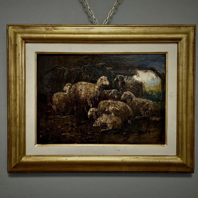 Antique Italian Dark Animal Oil Painting, Moody Farm Scene, European Rustic Wall Art Signed Post-Romantic Artwork on Wood Vintage Gold Frame
