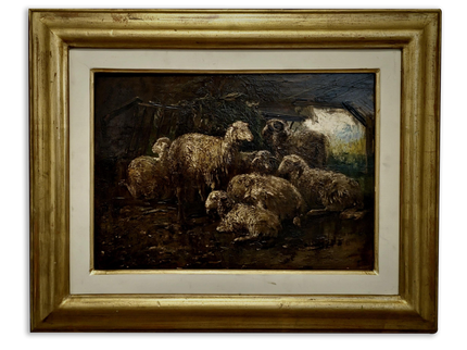 Antique Italian Dark Animal Oil Painting, Moody Farm Scene, European Rustic Wall Art Signed Post-Romantic Artwork on Wood Vintage Gold Frame