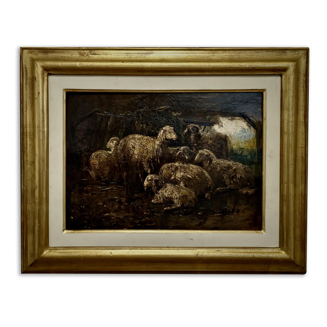 Antique Italian Dark Animal Oil Painting, Moody Farm Scene, European Rustic Wall Art Signed Post-Romantic Artwork on Wood Vintage Gold Frame