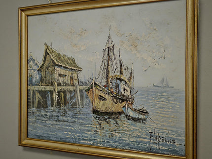 Vintage French Oil Painting, Fisherman's Harbor Marine Art, Signed Framed Canvas