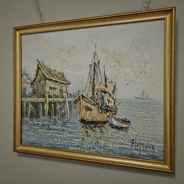 Vintage French Oil Painting, Fisherman's Harbor Marine Art, Signed Framed Canvas