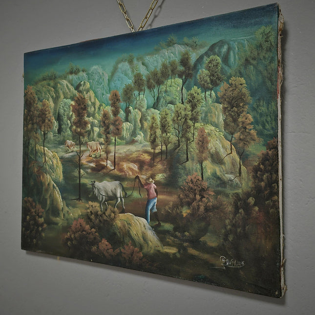 Vintage Naive Art Pastoral Landscape Oil Painting on Canvas, Original Collectible Artwork, Unique Wall Art for Rustic Home Decor, Gift Idea