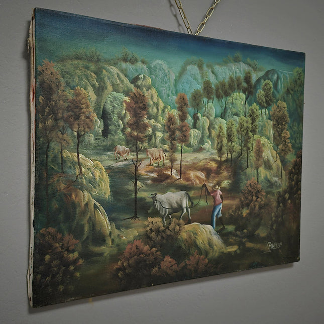 Vintage Naive Art Pastoral Landscape Oil Painting on Canvas, Original Collectible Artwork, Unique Wall Art for Rustic Home Decor, Gift Idea
