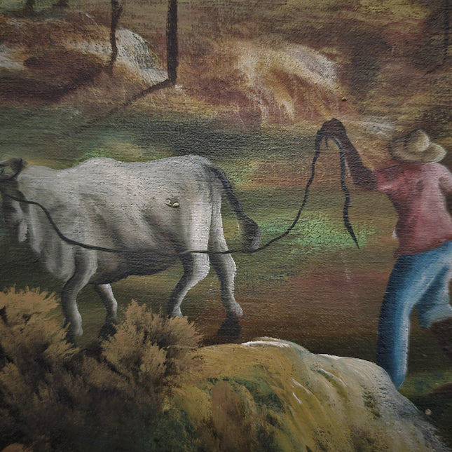 Vintage Naive Art Pastoral Landscape Oil Painting on Canvas, Original Collectible Artwork, Unique Wall Art for Rustic Home Decor, Gift Idea