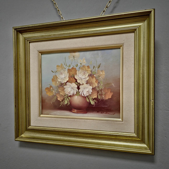 Vintage French Floral Oil Painting, Signed Still Life with Roses, Bouquet in Vase Artwork, Cottagecore Wall Decor, Unique Gift