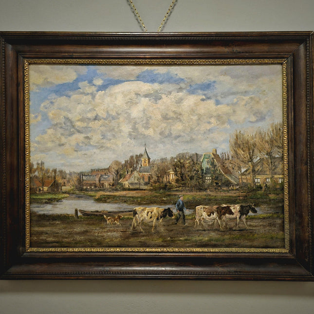 Antique Large Dutch Landscape Oil Painting, Signed Artwork, European Home Decor, Vintage Framed Wall Art, Collectible XXL Rural Scene
