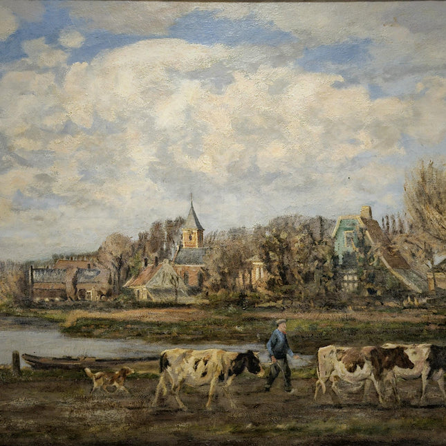 Antique Large Dutch Landscape Oil Painting, Signed Artwork, European Home Decor, Vintage Framed Wall Art, Collectible XXL Rural Scene