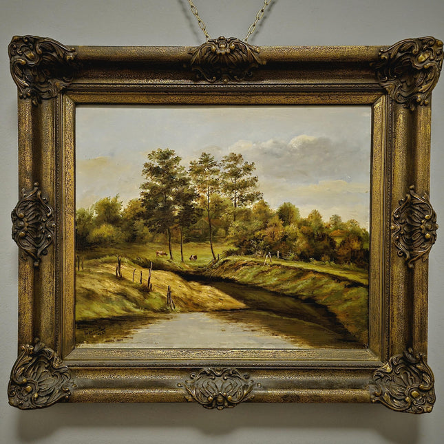 Antique Dutch Landscape Oil Painting, Signed Artwork with Cows, Vintage Rustic Wall Decor, Collectible Pastoral Scene, Golden Ornate Frame